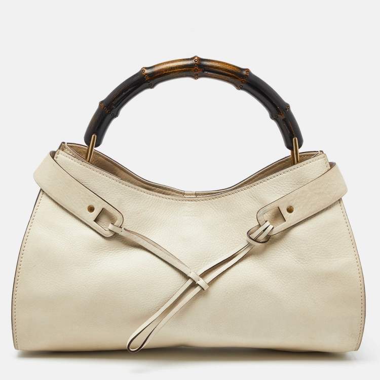 Pre Owned Gucci Cream Leather Bamboo Top Handle Bag