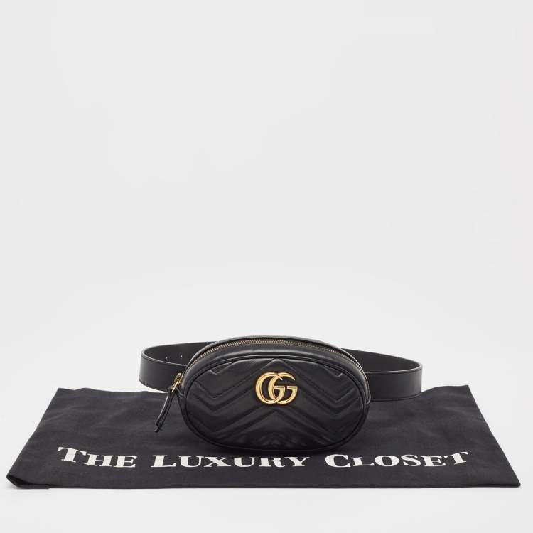 Pre Owned Gucci Black Matelassé Leather Mini GG Marmont Belt Bag
