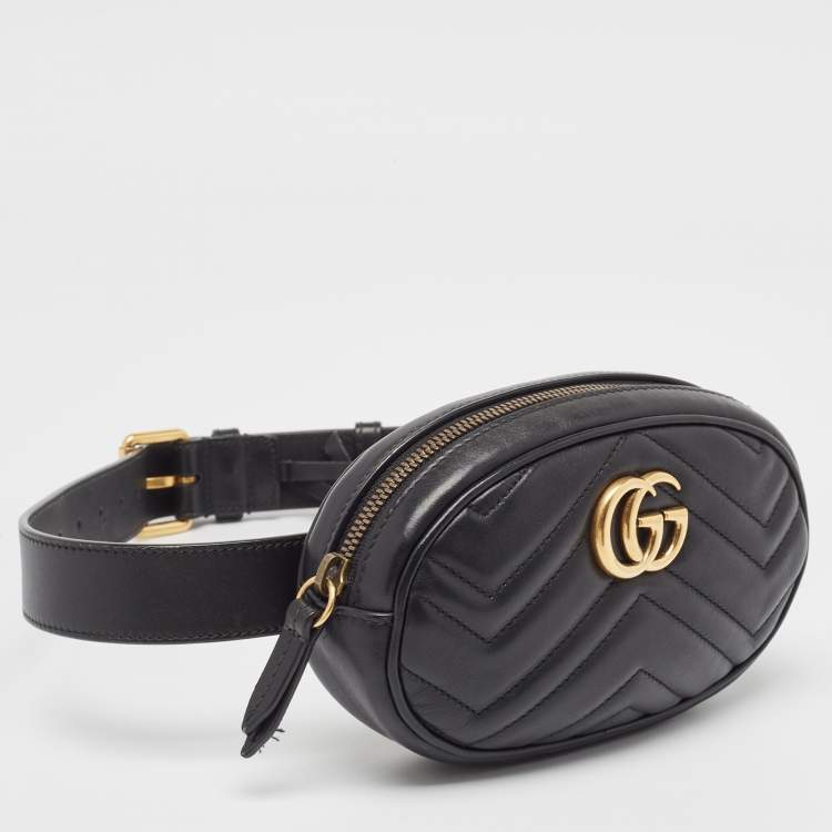 Pre Owned Gucci Black Matelassé Leather Mini GG Marmont Belt Bag