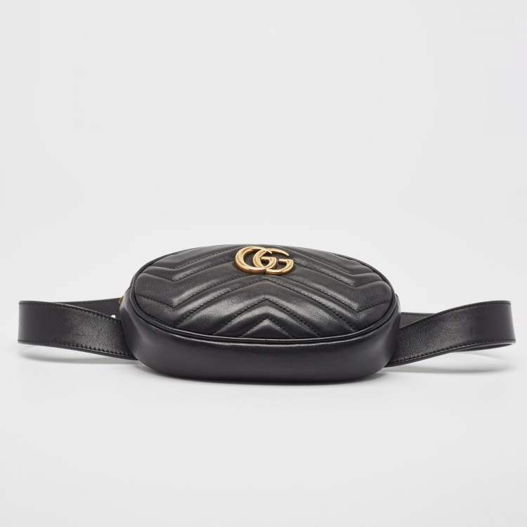 Pre Owned Gucci Black Matelassé Leather Mini GG Marmont Belt Bag