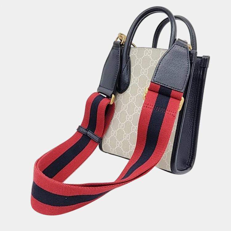 Pre Owned Gucci Ivory/Navy GG Canvas Ophidia Mini Tote Bag