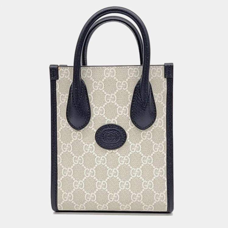 Pre Owned Gucci Ivory/Navy GG Canvas Ophidia Mini Tote Bag
