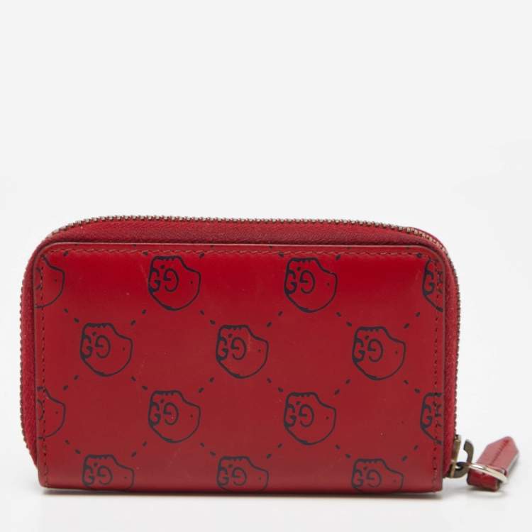 Pre Owned Gucci Red GucciGhost Skul Leather Zip Around Wallet