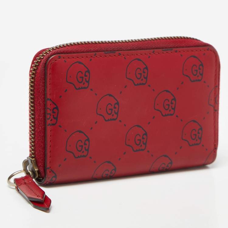 Pre Owned Gucci Red GucciGhost Skul Leather Zip Around Wallet
