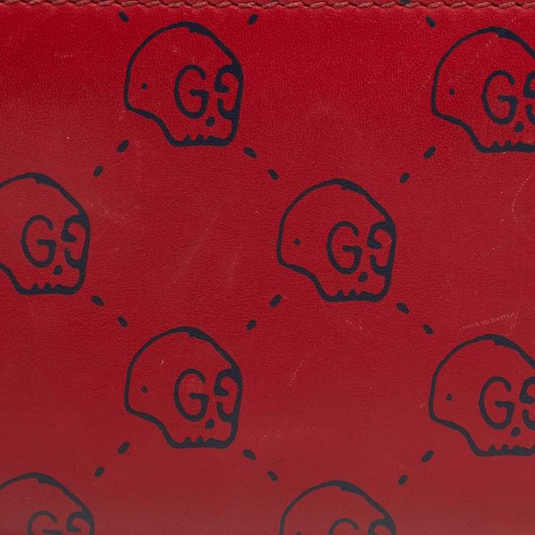 Pre Owned Gucci Red GucciGhost Skul Leather Zip Around Wallet