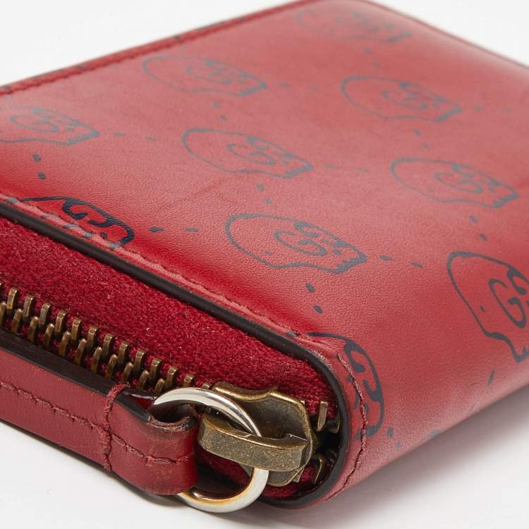 Pre Owned Gucci Red GucciGhost Skul Leather Zip Around Wallet