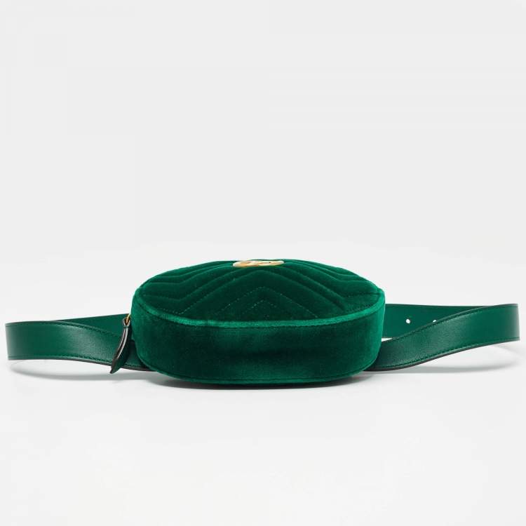 Pre Owned Gucci Green Matelassé Velvet Mini GG Marmont Belt Bag