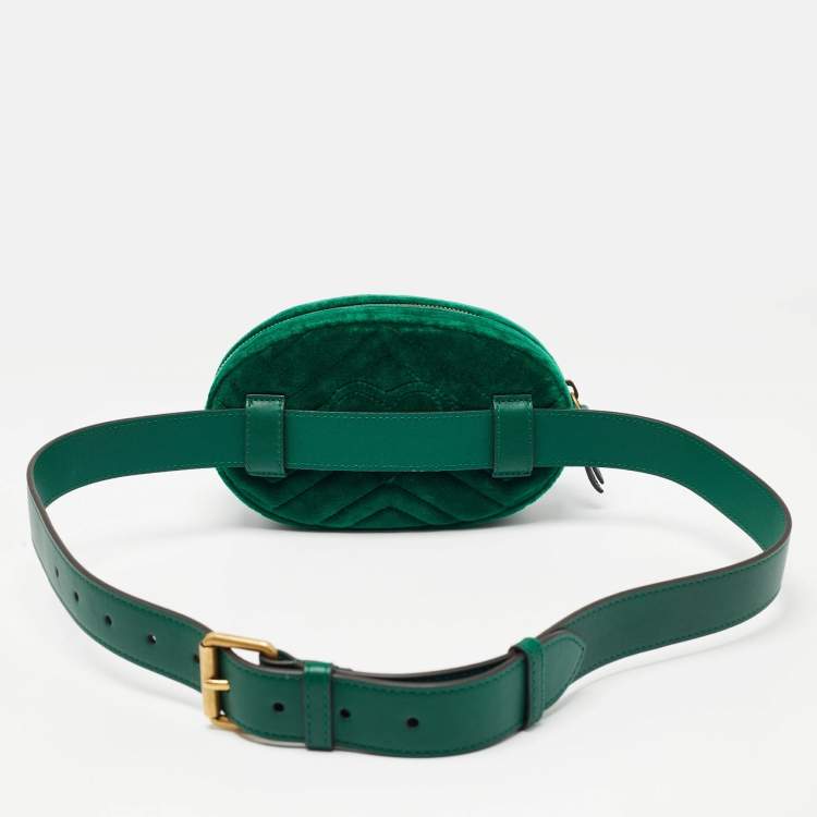 Pre Owned Gucci Green Matelassé Velvet Mini GG Marmont Belt Bag