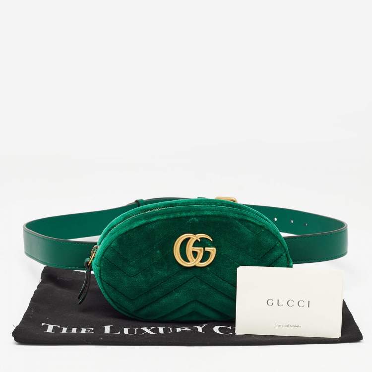 Pre Owned Gucci Green Matelassé Velvet Mini GG Marmont Belt Bag