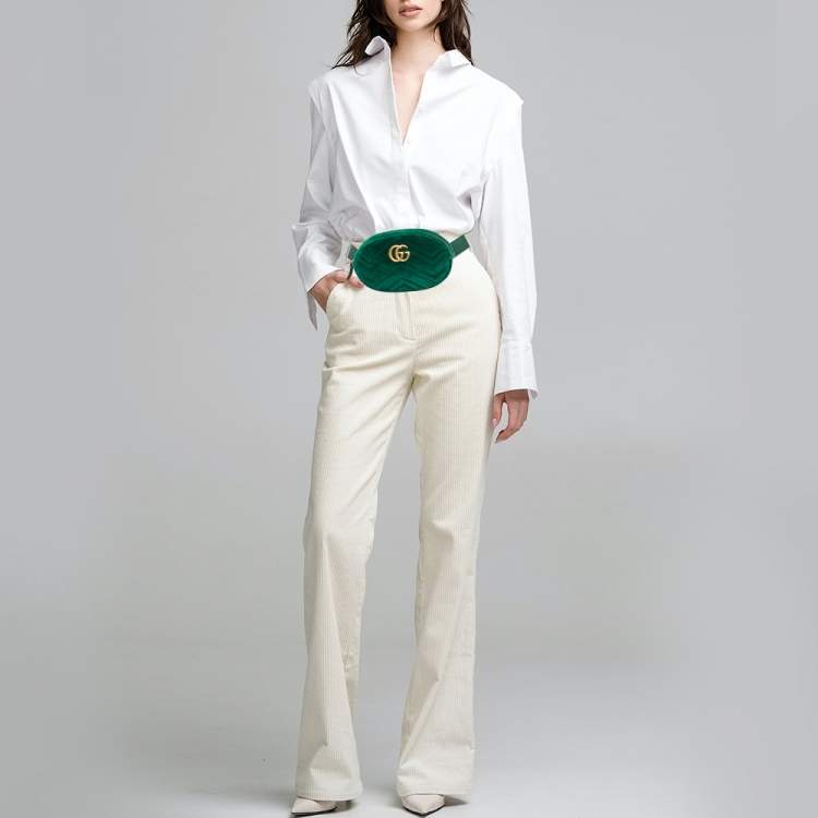 Pre Owned Gucci Green Matelassé Velvet Mini GG Marmont Belt Bag