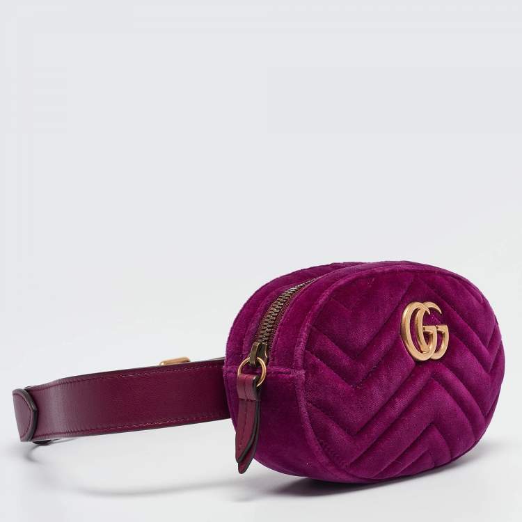 Pre Owned Gucci Purple Matelassé Velvet Mini GG Marmont Belt Bag