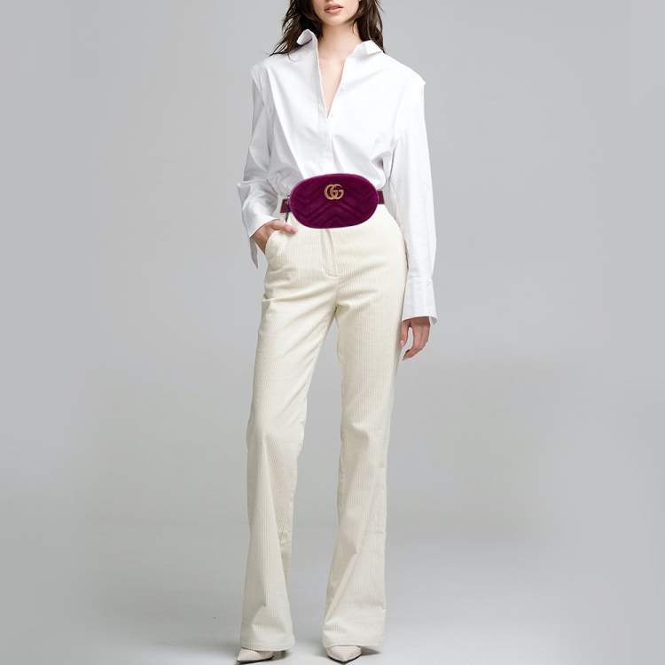 Pre Owned Gucci Purple Matelassé Velvet Mini GG Marmont Belt Bag