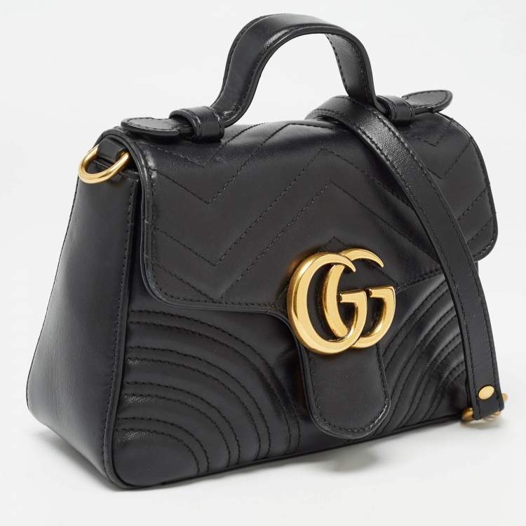 Pre Owned Gucci Black Matelasse Leather Mini GG Marmont Top Handle Bag