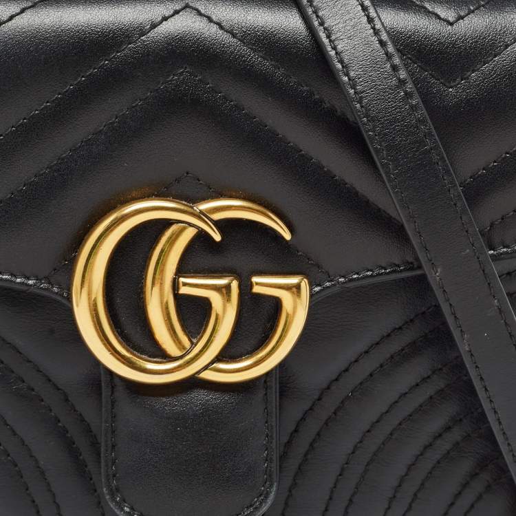 Pre Owned Gucci Black Matelasse Leather Mini GG Marmont Top Handle Bag