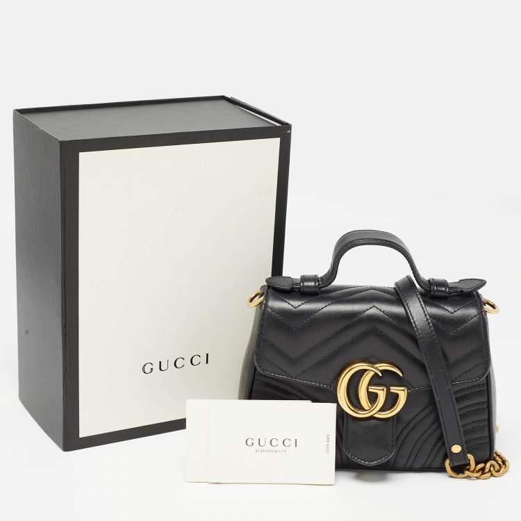 Pre Owned Gucci Black Matelasse Leather Mini GG Marmont Top Handle Bag
