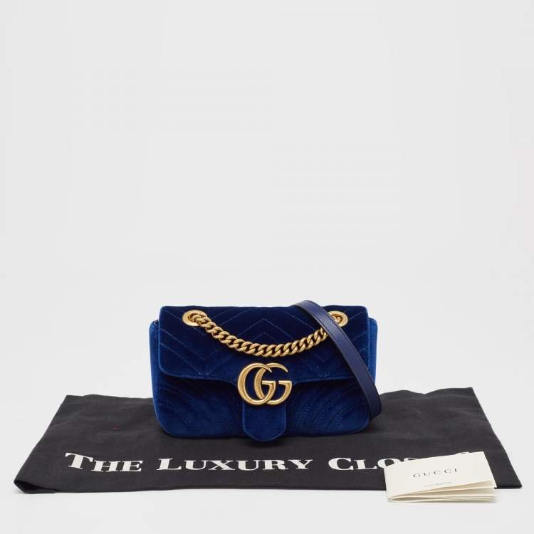 Pre Owned Gucci Blue Matelasse Velvet Mini GG Marmont Shoulder Bag