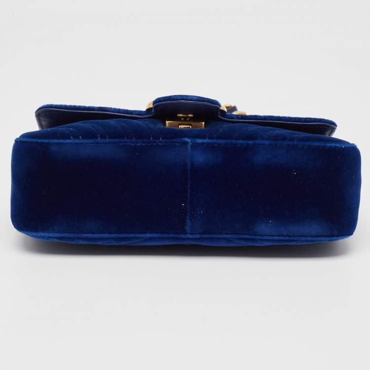 Pre Owned Gucci Blue Matelasse Velvet Mini GG Marmont Shoulder Bag