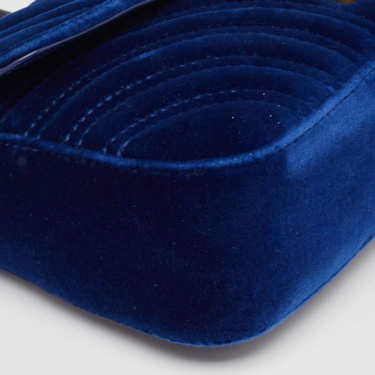 Pre Owned Gucci Blue Matelasse Velvet Mini GG Marmont Shoulder Bag