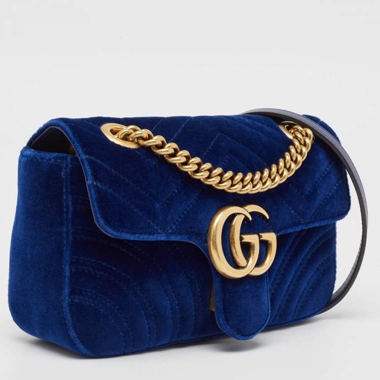 Pre Owned Gucci Blue Matelasse Velvet Mini GG Marmont Shoulder Bag
