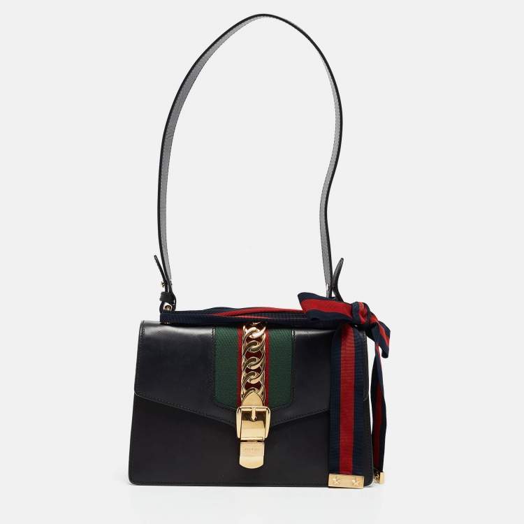 Pre Owned Gucci Black Leather Small Web Sylvie Shoulder Bag
