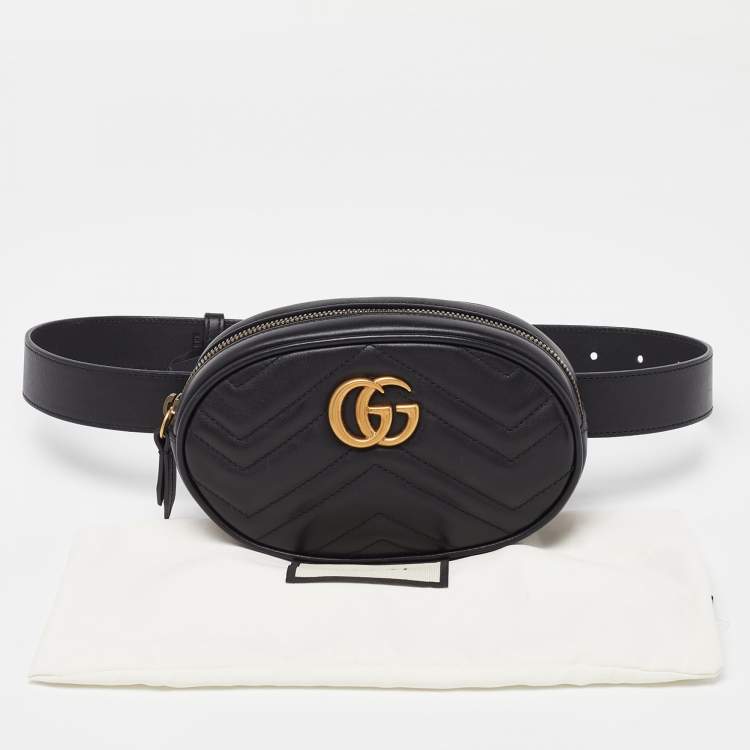 Pre Owned Gucci Black Matelassé Leather GG Marmont Belt Bag