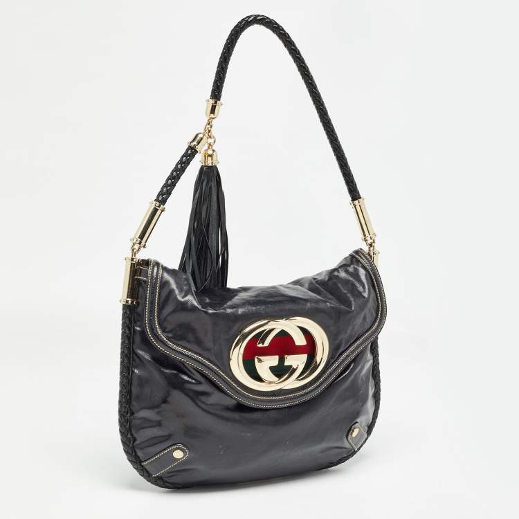 Pre Owned Gucci Black Coated Canvas and Leather Britt Tassel Hobo