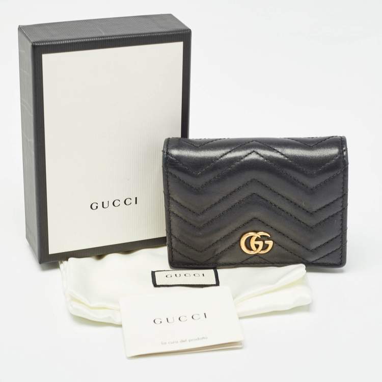 Pre Owned Gucci Black Matelassé Leather GG Marmont Card Case 