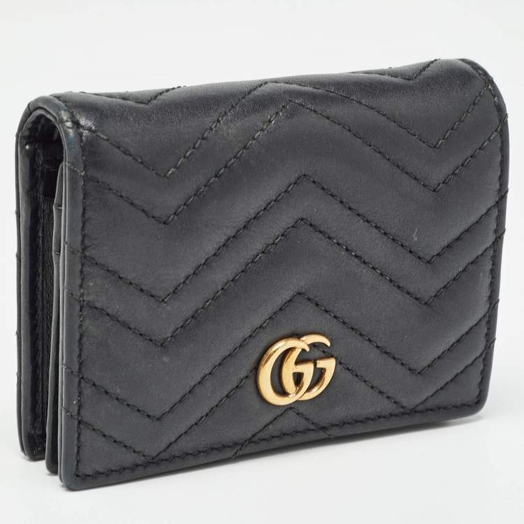 Pre Owned Gucci Black Matelassé Leather GG Marmont Card Case 