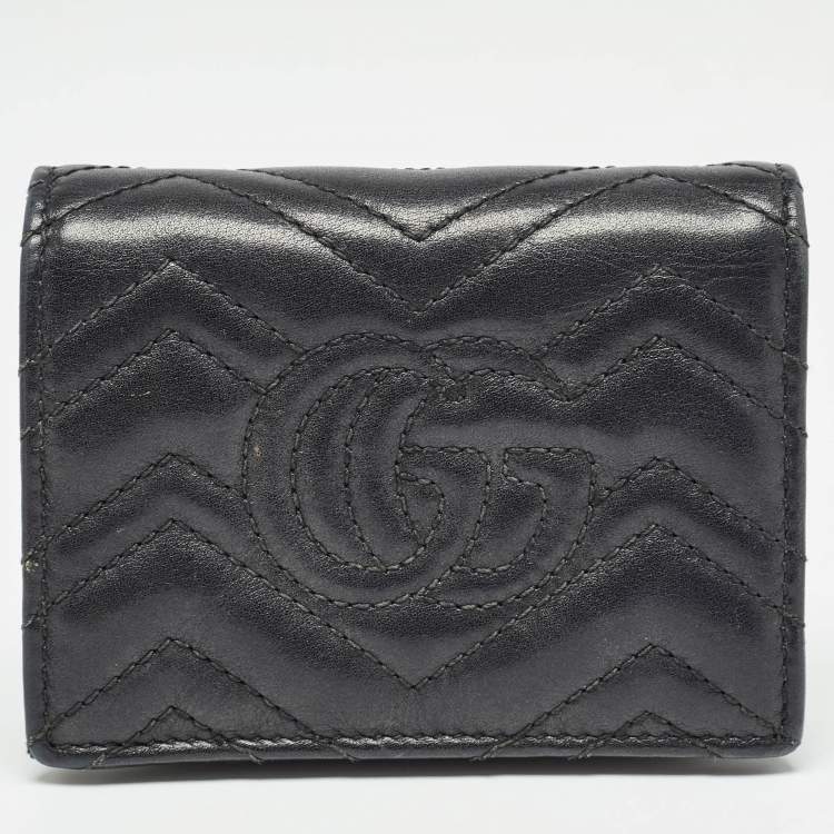 Pre Owned Gucci Black Matelassé Leather GG Marmont Card Case 