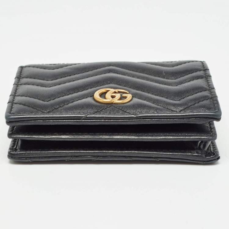 Pre Owned Gucci Black Matelassé Leather GG Marmont Card Case 