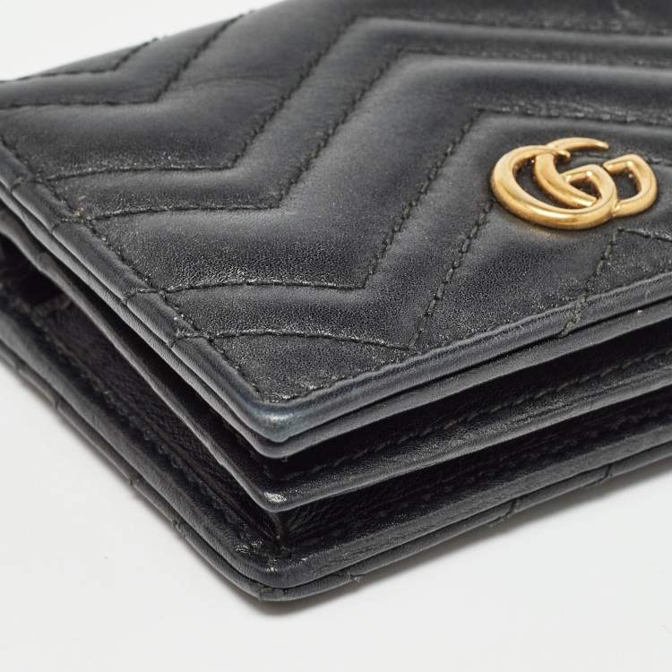 Pre Owned Gucci Black Matelassé Leather GG Marmont Card Case 