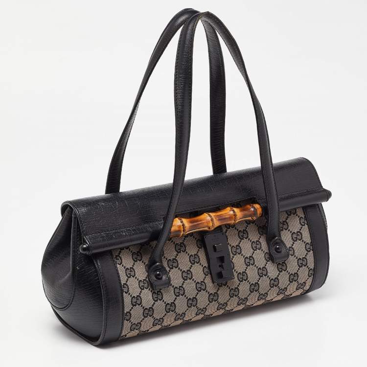 Pre Owned Gucci Beige/Black GG Canvas and Leather Bamboo Bullet Satchel