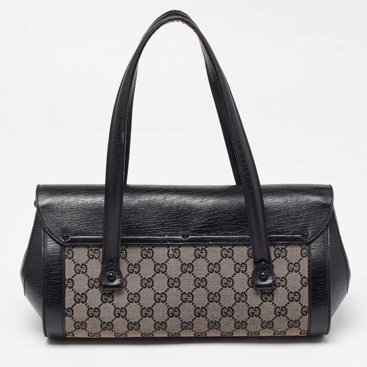 Pre Owned Gucci Beige/Black GG Canvas and Leather Bamboo Bullet Satchel