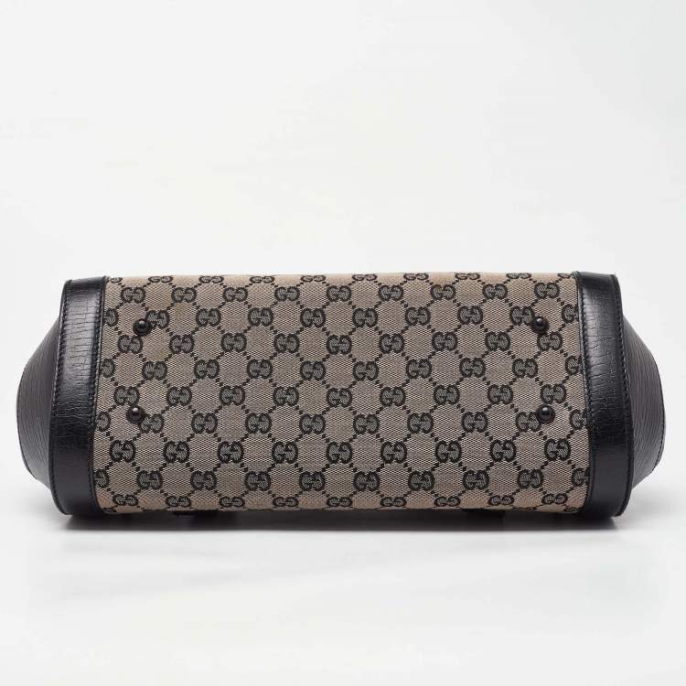 Pre Owned Gucci Beige/Black GG Canvas and Leather Bamboo Bullet Satchel