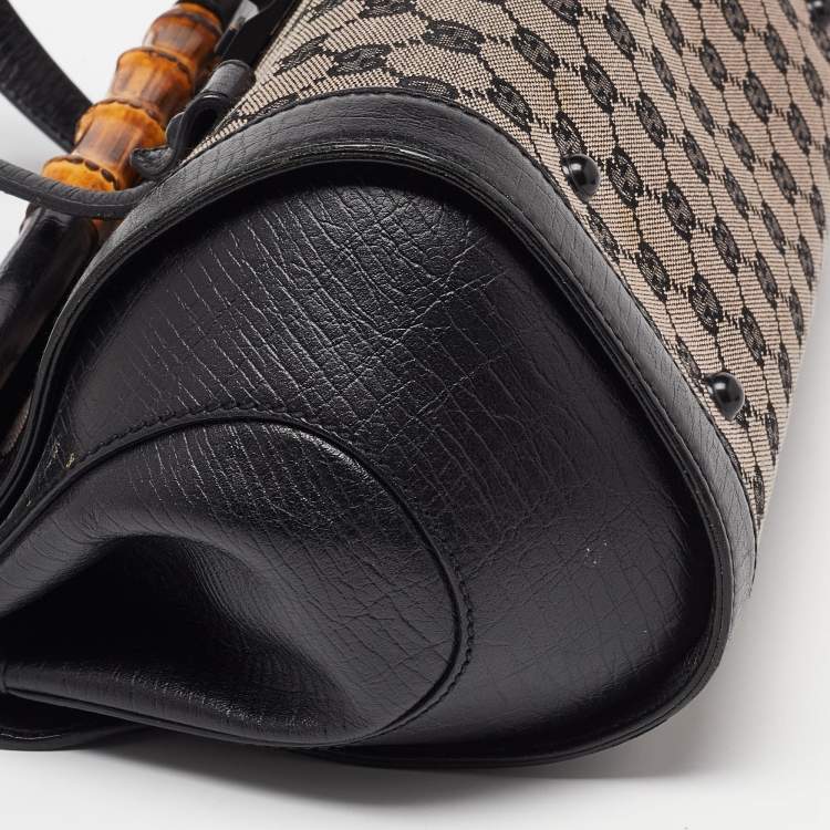 Pre Owned Gucci Beige/Black GG Canvas and Leather Bamboo Bullet Satchel