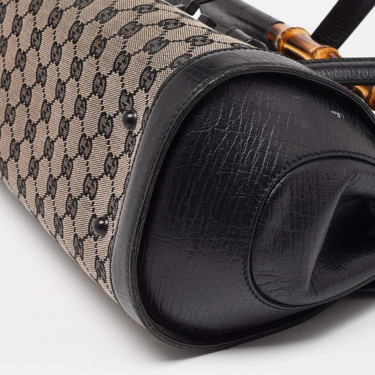 Pre Owned Gucci Beige/Black GG Canvas and Leather Bamboo Bullet Satchel