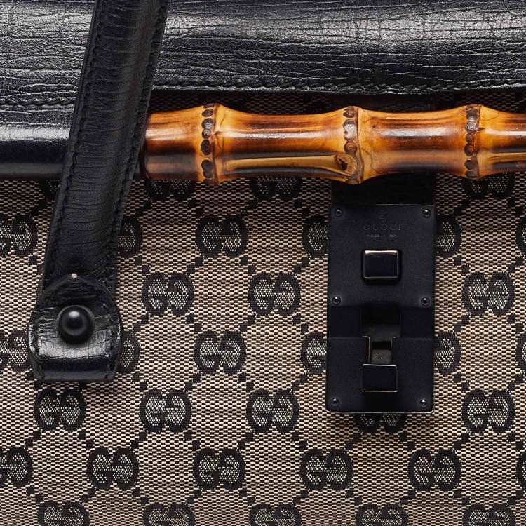 Pre Owned Gucci Beige/Black GG Canvas and Leather Bamboo Bullet Satchel