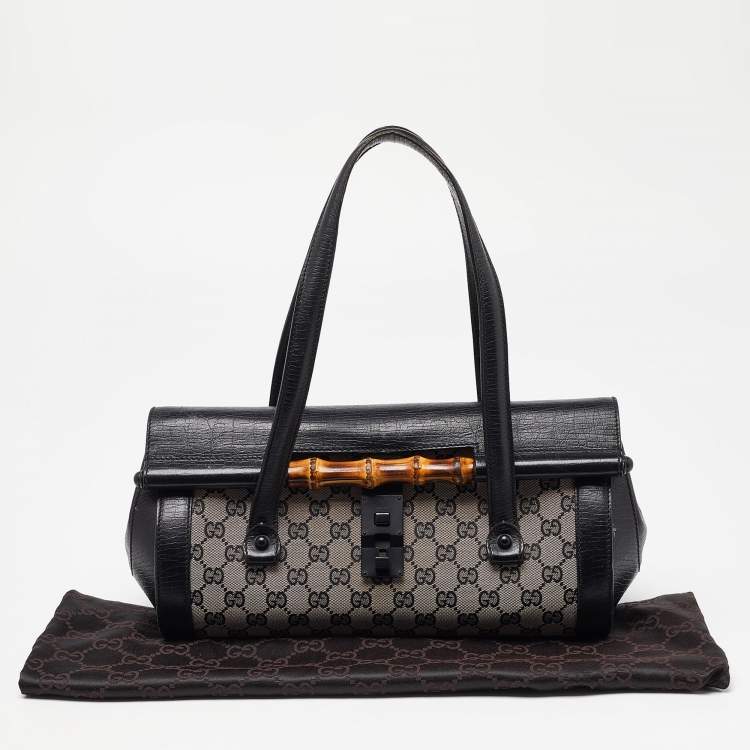 Pre Owned Gucci Beige/Black GG Canvas and Leather Bamboo Bullet Satchel