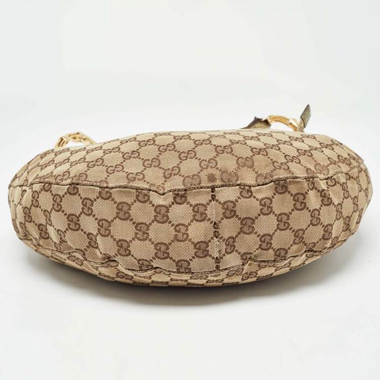 Pre Owned Gucci Green/Beige GG Canvas and Leather Metal Bamboo Ring Hobo