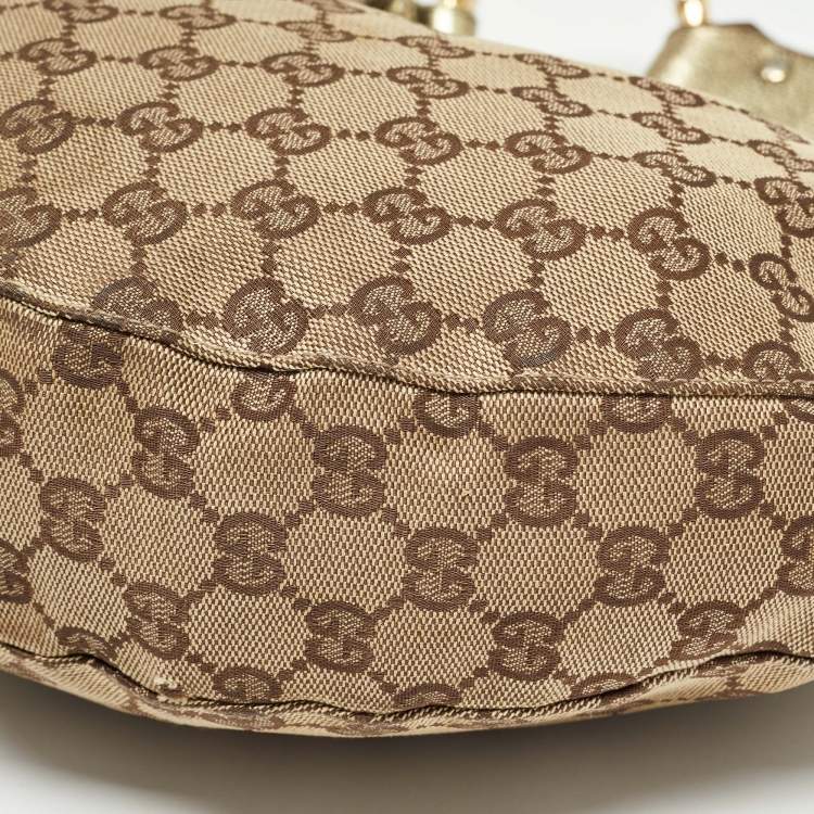 Pre Owned Gucci Green/Beige GG Canvas and Leather Metal Bamboo Ring Hobo