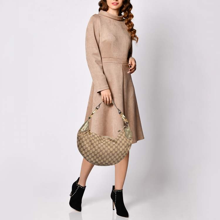Pre Owned Gucci Green/Beige GG Canvas and Leather Metal Bamboo Ring Hobo