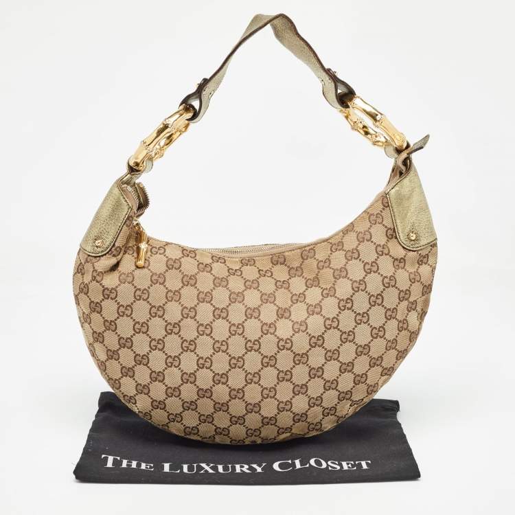 Pre Owned Gucci Green/Beige GG Canvas and Leather Metal Bamboo Ring Hobo