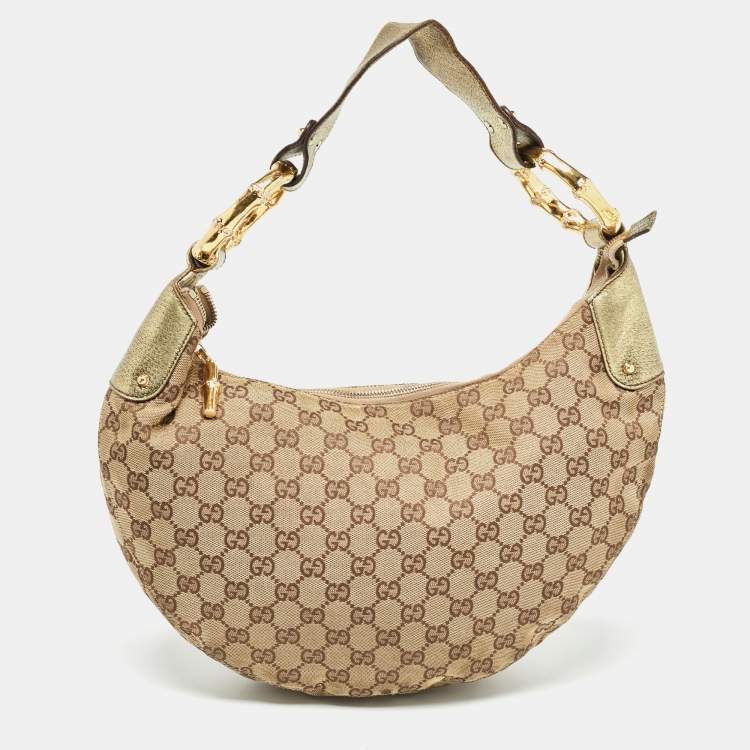 Pre Owned Gucci Green/Beige GG Canvas and Leather Metal Bamboo Ring Hobo