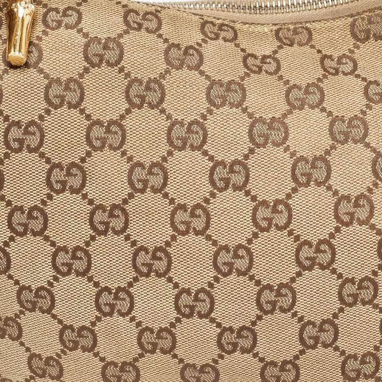 Pre Owned Gucci Green/Beige GG Canvas and Leather Metal Bamboo Ring Hobo