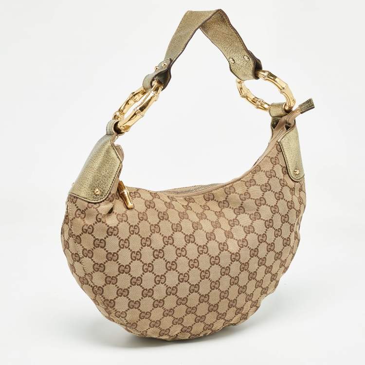 Pre Owned Gucci Green/Beige GG Canvas and Leather Metal Bamboo Ring Hobo