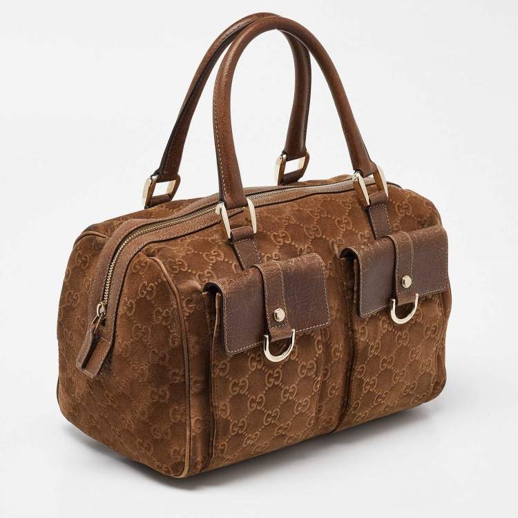 Pre Owned Gucci Brown GG Suede and Leather Boston Bag