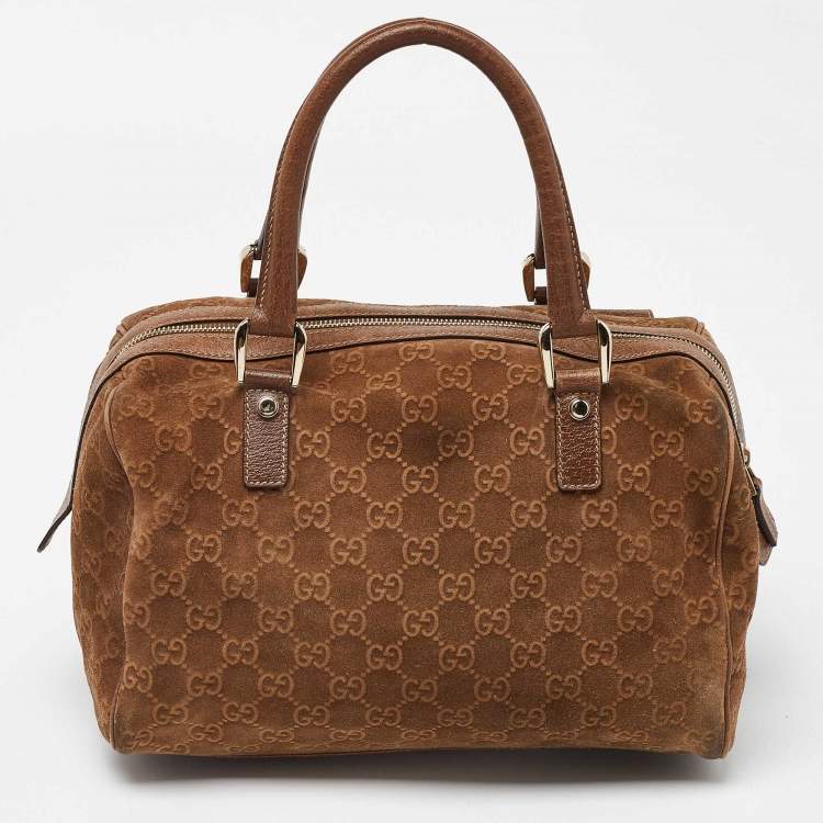 Pre Owned Gucci Brown GG Suede and Leather Boston Bag