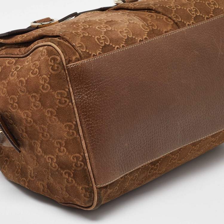 Pre Owned Gucci Brown GG Suede and Leather Boston Bag