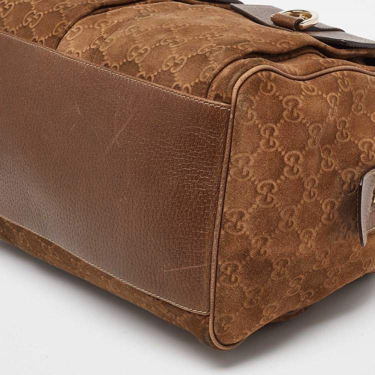 Pre Owned Gucci Brown GG Suede and Leather Boston Bag
