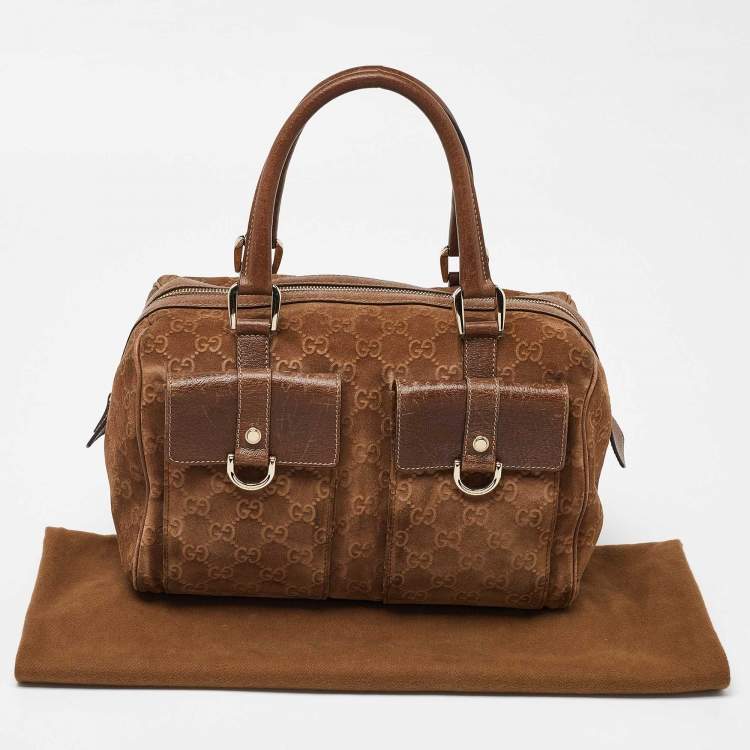 Pre Owned Gucci Brown GG Suede and Leather Boston Bag